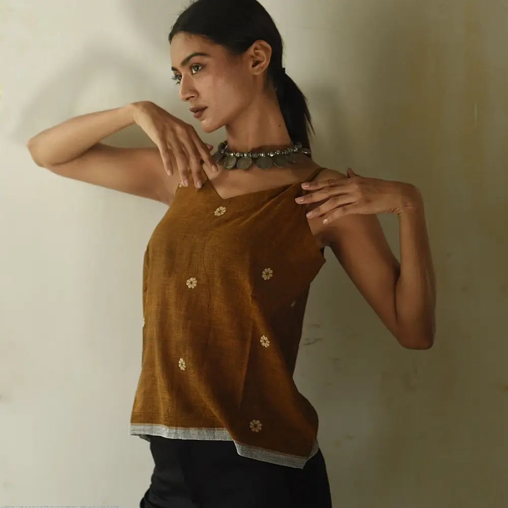 buy Handloom Jamdani Sleeveless Brown Top