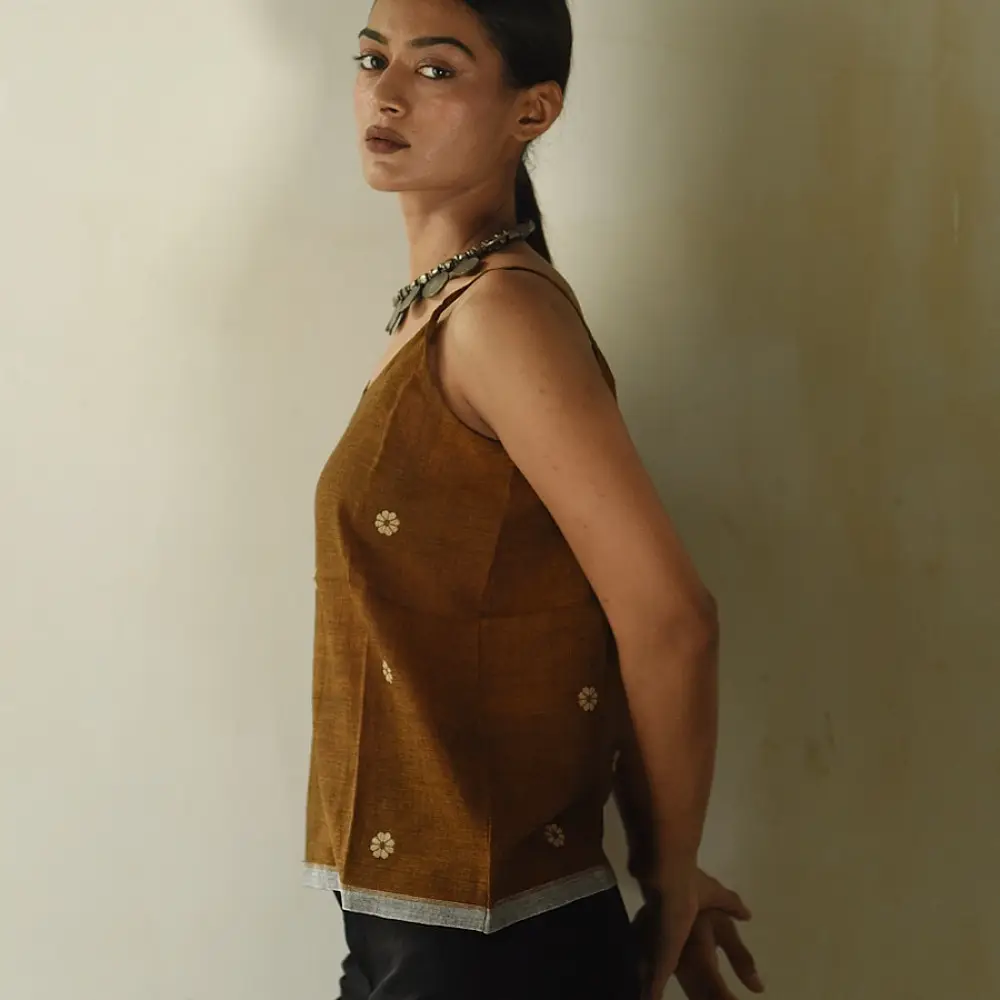 buy Handloom Jamdani Sleeveless Brown Top