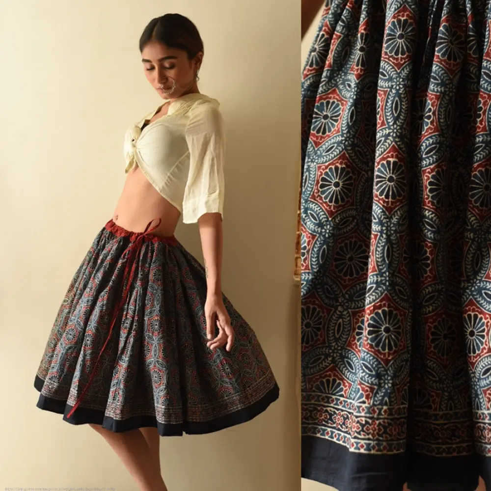 shop Natural Dyed Ajrakh Block Printed Blue Short Skirt