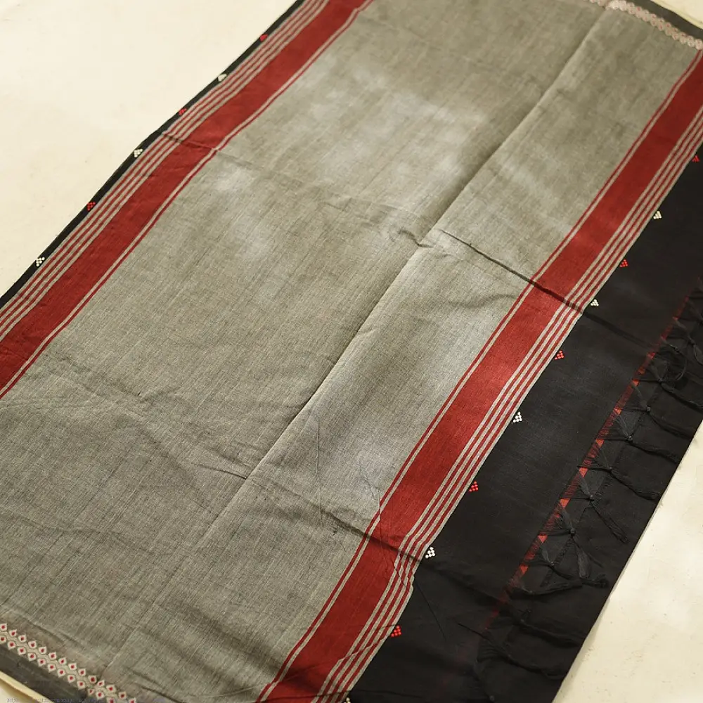 handloom begampuri pure cotton saree in charcoal black with red and cream extra-weft butis and woven temple borders