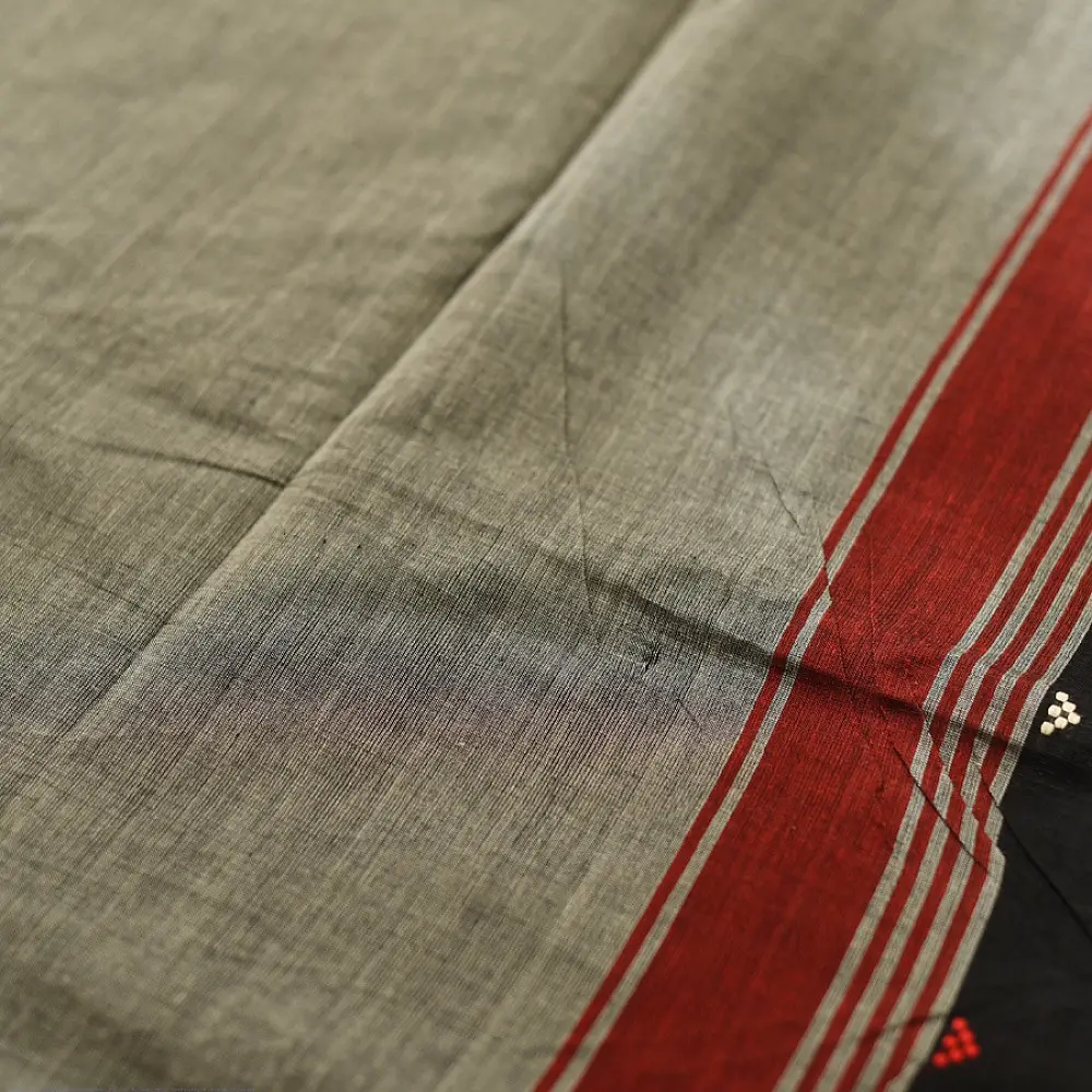 handloom begampuri pure cotton saree in charcoal black with red and cream extra-weft butis and woven temple borders