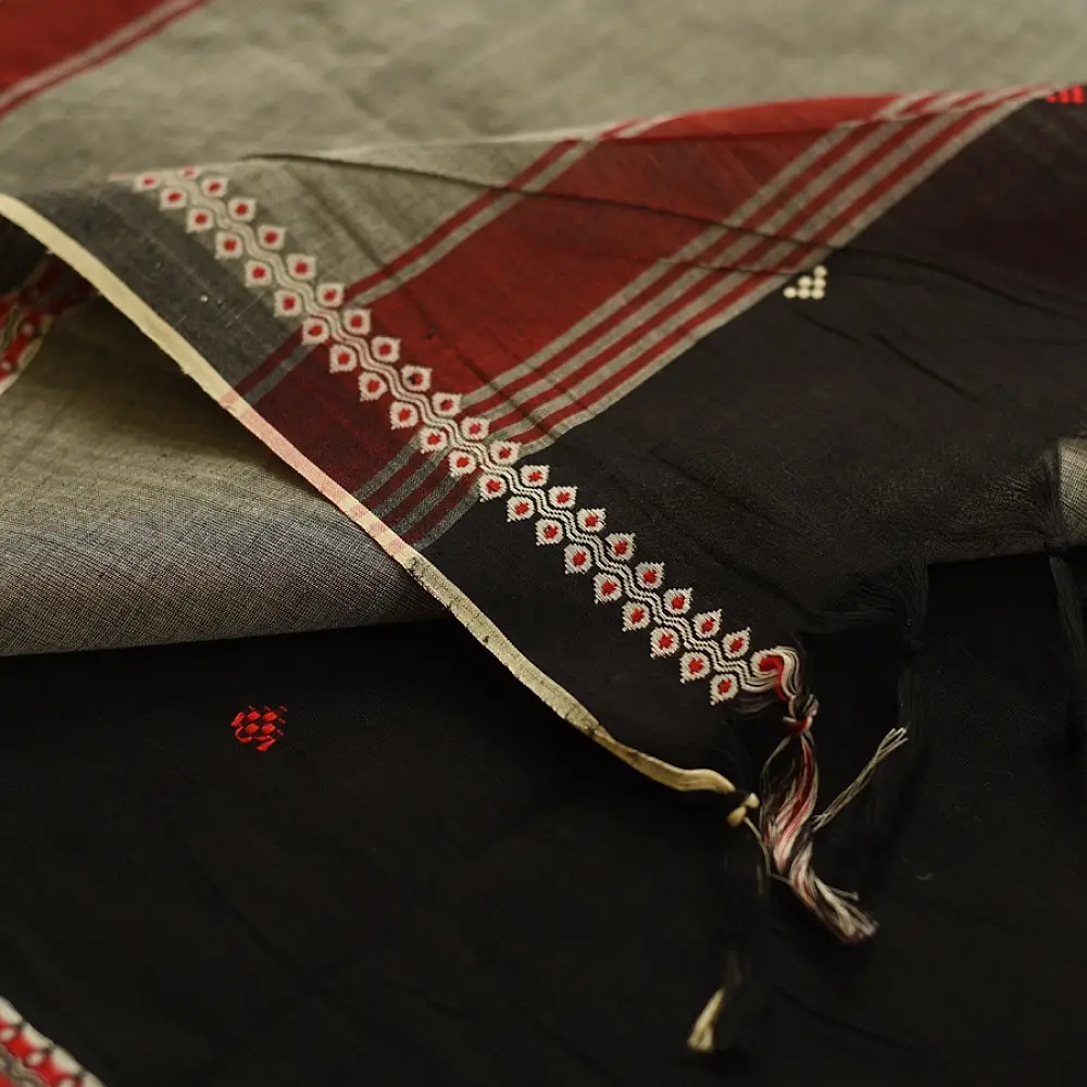 handloom begampuri pure cotton saree in charcoal black with red and cream extra-weft butis and woven temple borders