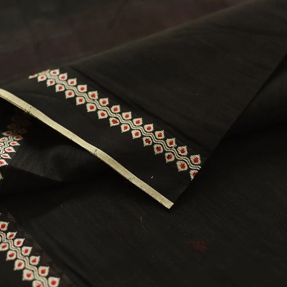 handloom begampuri pure cotton saree in charcoal black with red and cream extra-weft butis and woven temple borders