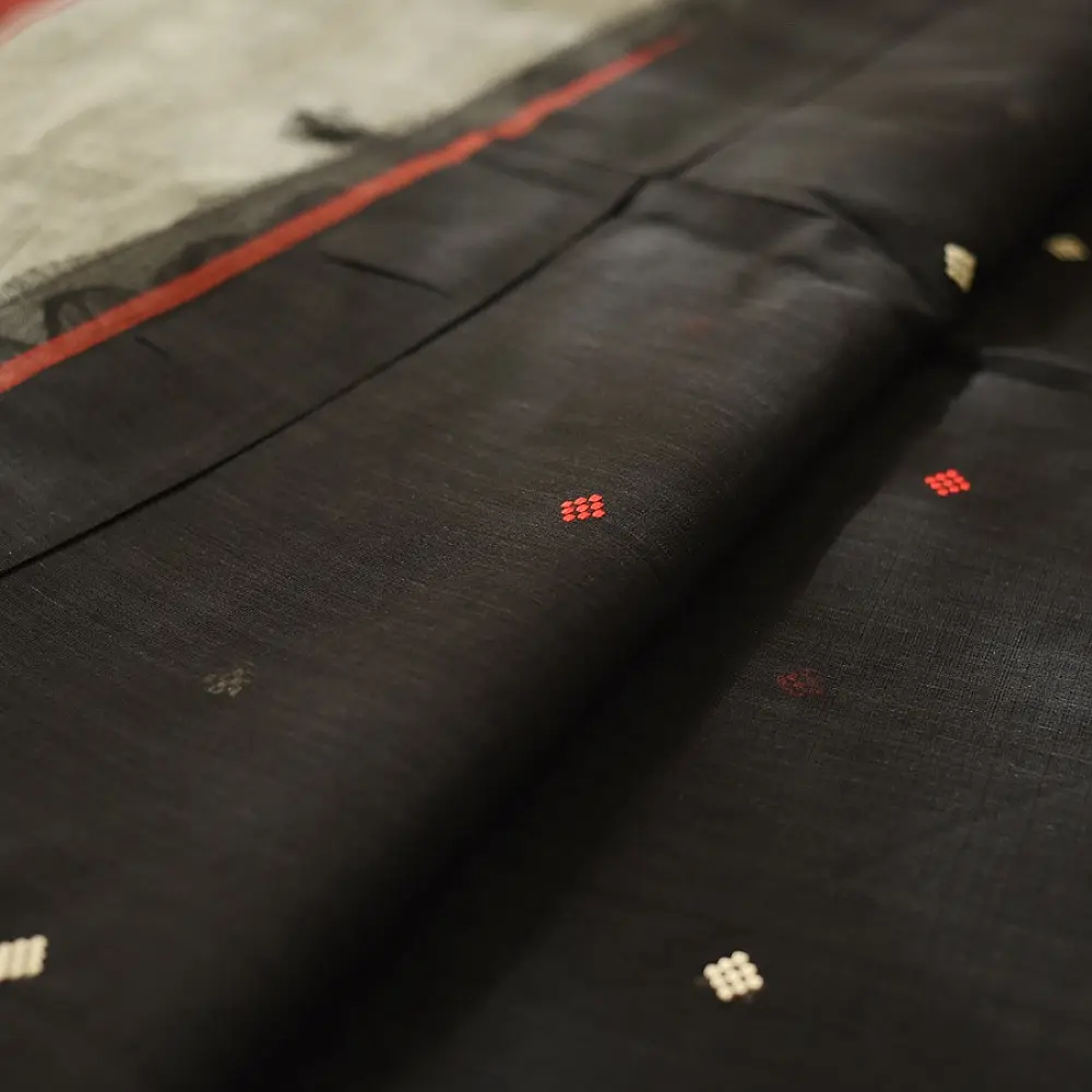 handloom begampuri pure cotton saree in charcoal black with red and cream extra-weft butis and woven temple borders