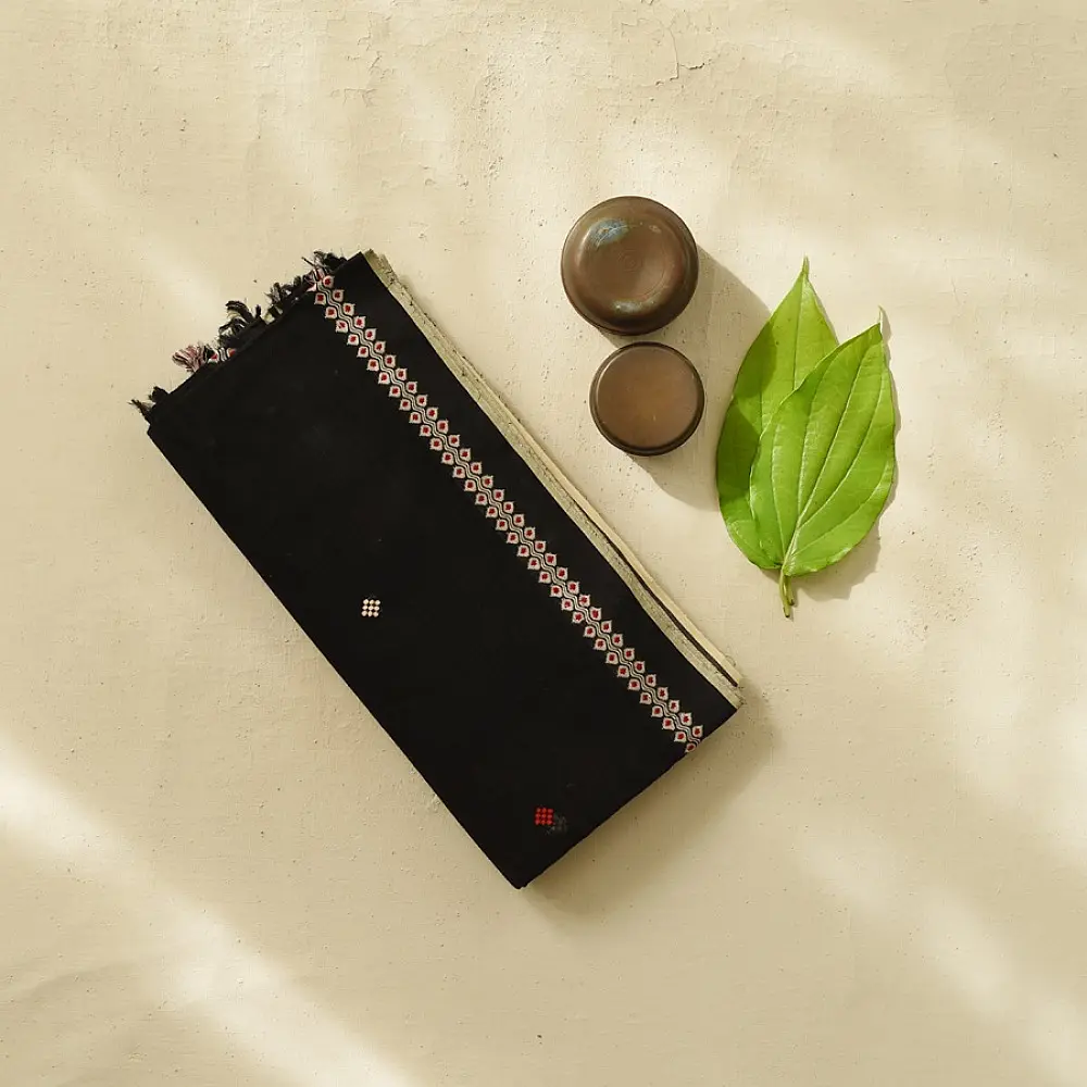 handloom begampuri pure cotton saree in charcoal black with red and cream extra-weft butis and woven temple borders