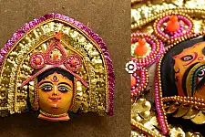 Mukhauta . मुखौटा : Handmade Chhau Mask - Durga ( Pink & Golden )