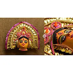 Mukhauta . मुखौटा : Handmade Chhau Mask - Durga ( Pink & Golden )