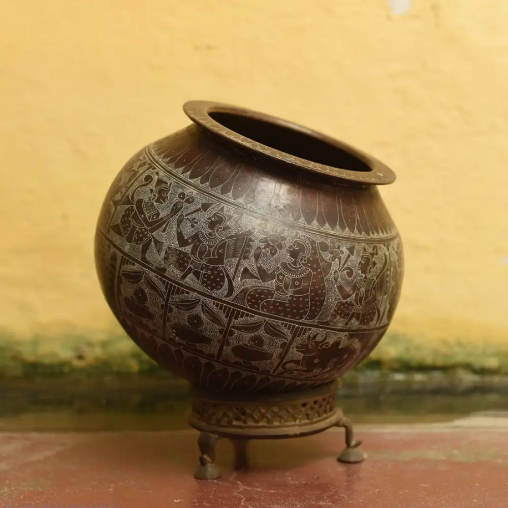 Shop Antique Brass Round Kalash With Stand from Khajuraho 