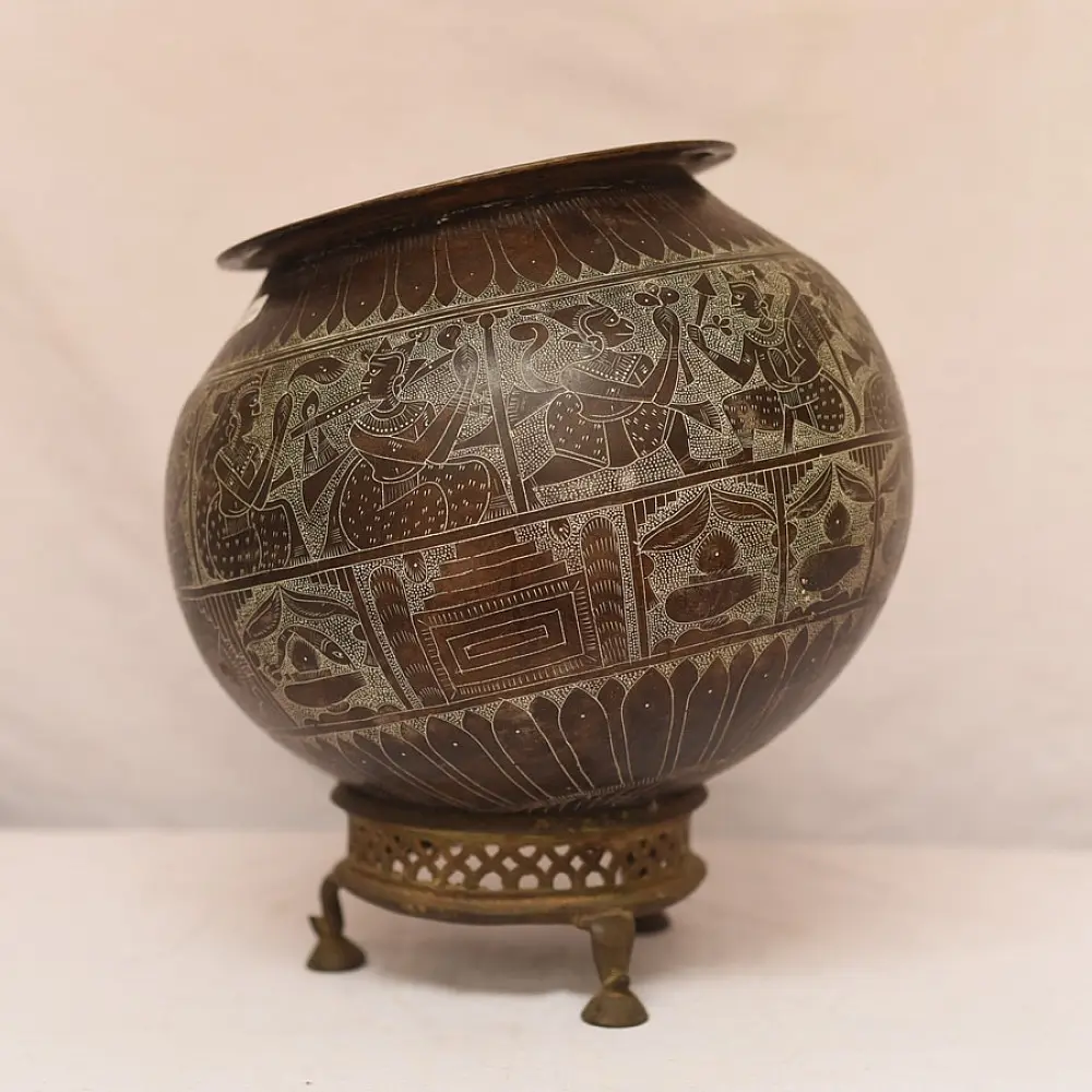 Shop Antique Brass Round Kalash With Stand from Khajuraho 