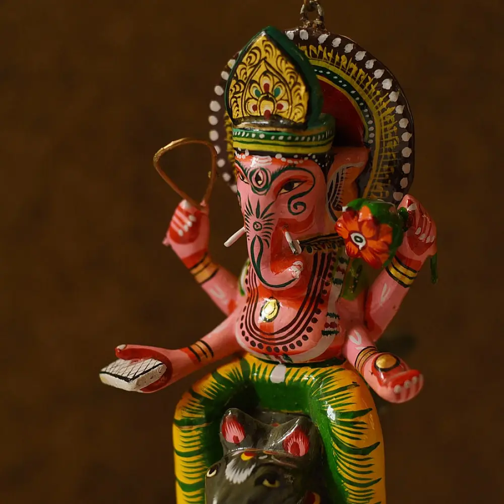 shop Handmade Wooden toy - Flying Ganesha on Mushak (Two Color Options)