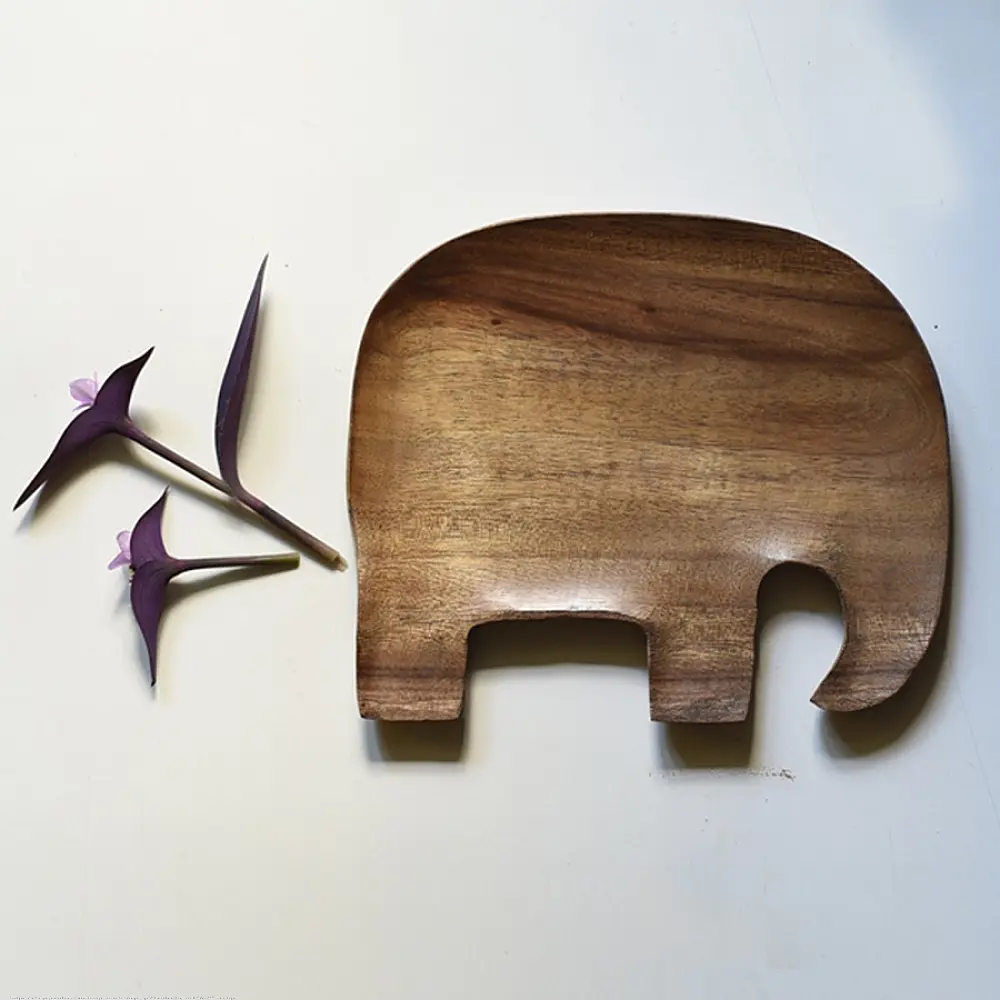 handmade wooden elephant shaped platter with natural wood finish