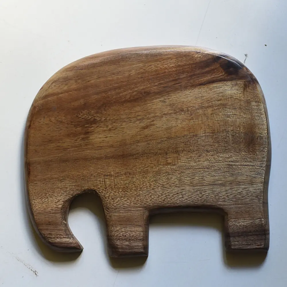 handmade wooden elephant shaped platter with natural wood finish