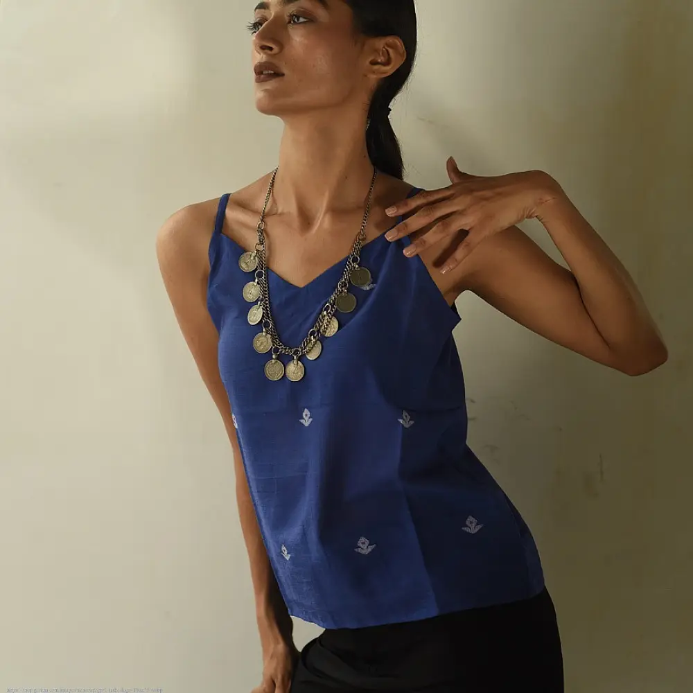 buy Handloom Jamdani Sleeveless Blue Top
