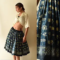 Flowers in a River | Natural Dyed Ajrakh Block Printed - Indigo Skirt