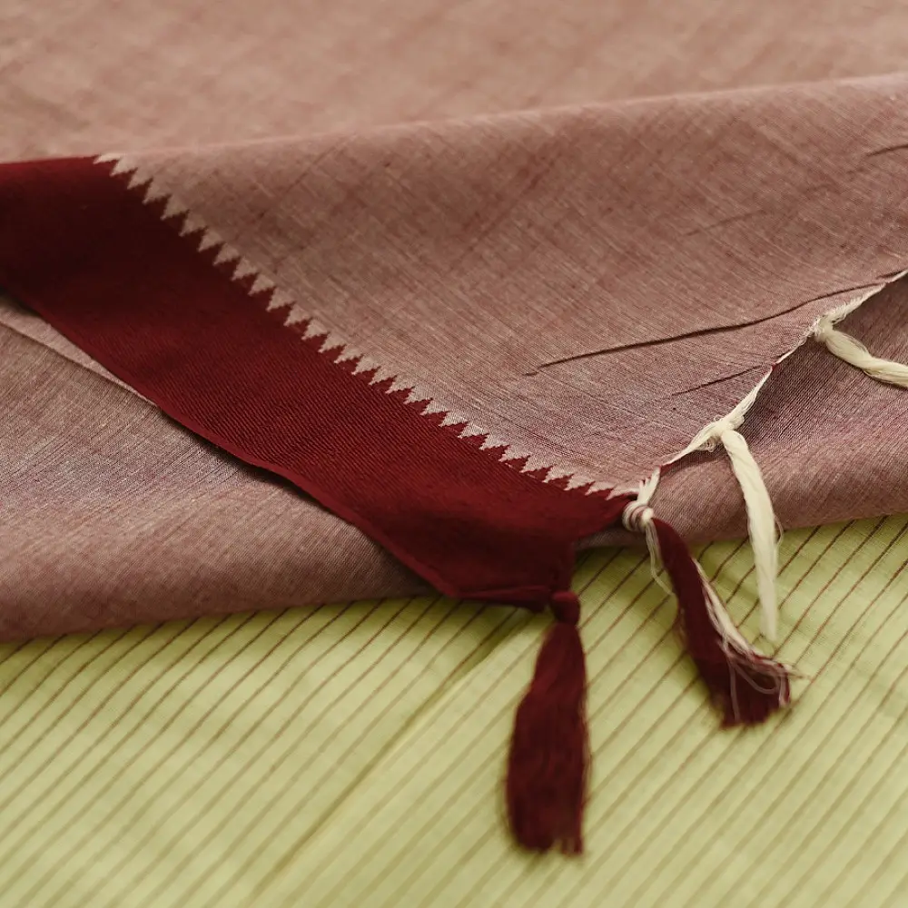 handloom begampuri pure cotton saree in light green with maroon and slate blue woven striped borders