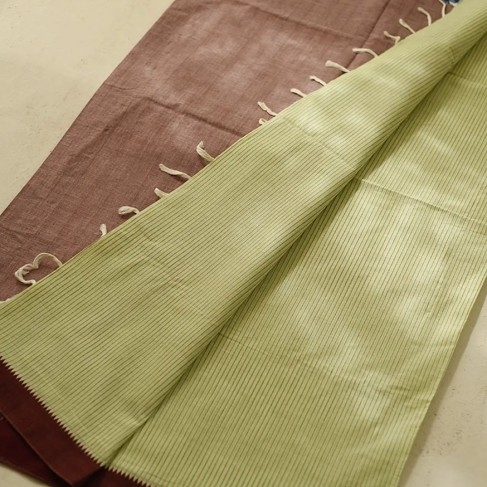 handloom begampuri pure cotton saree in light green with maroon and slate blue woven striped borders