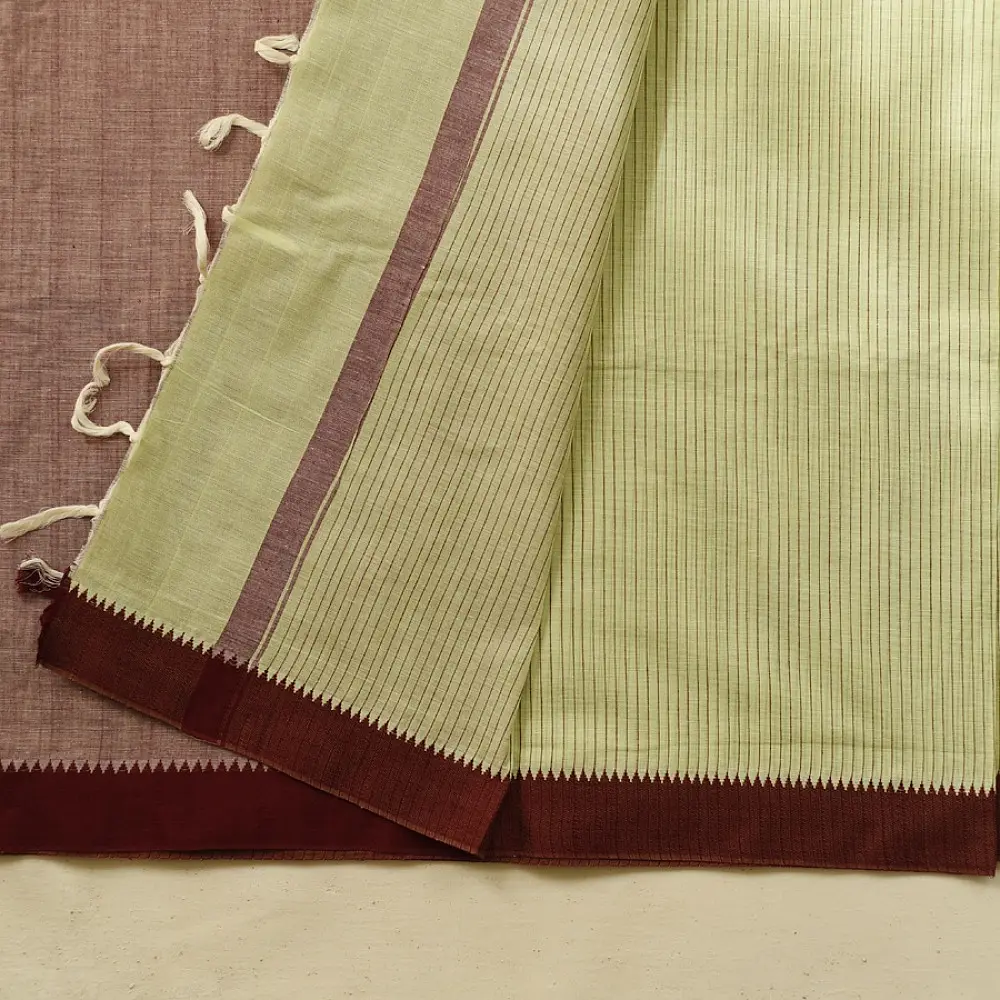 handloom begampuri pure cotton saree in light green with maroon and slate blue woven striped borders