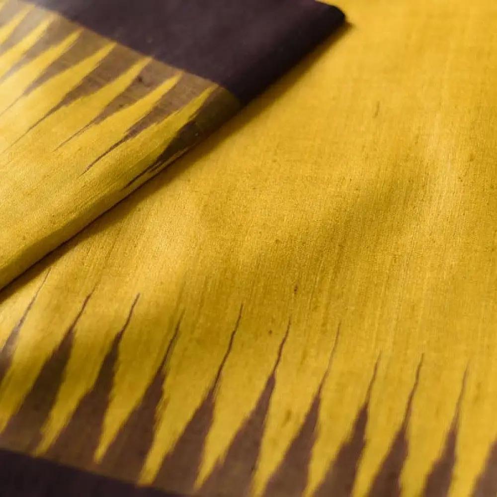 shop Handwoven Pure Tussar Silk Ikat Saree - Yellow & Brown 