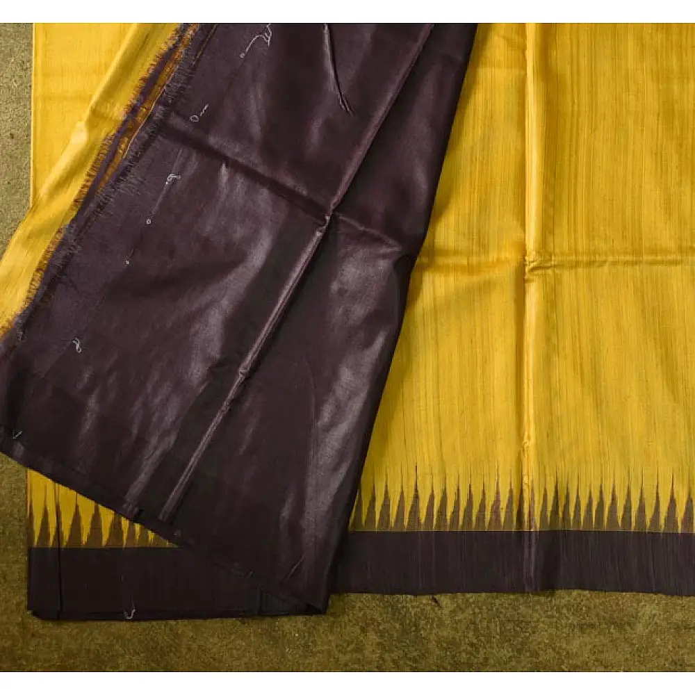 shop Handwoven Pure Tussar Silk Ikat Saree - Yellow & Brown 