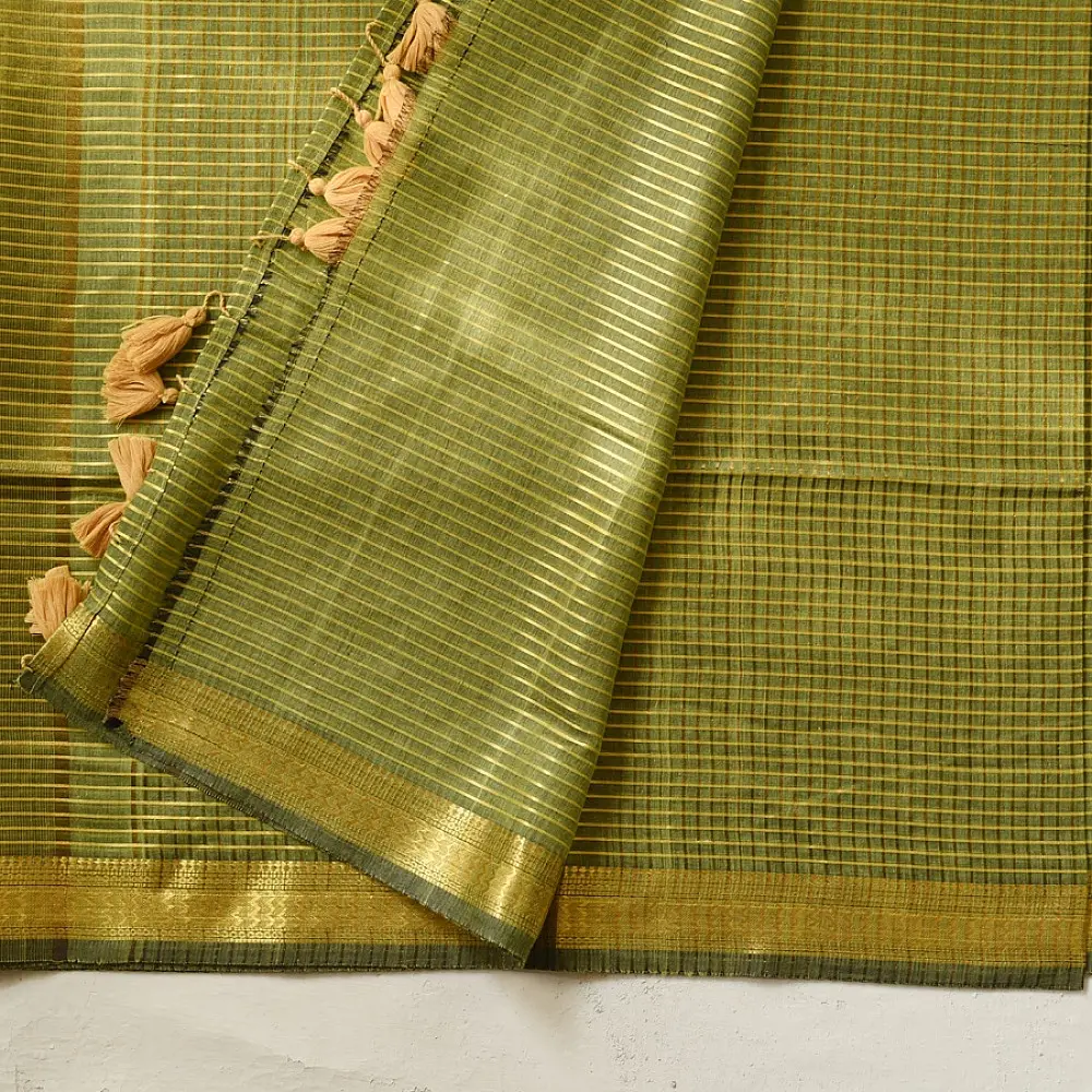 handloom pure cotton saree in subtle olive heena green with woven golden zari striped border and matching handcrafted tassels on pallu