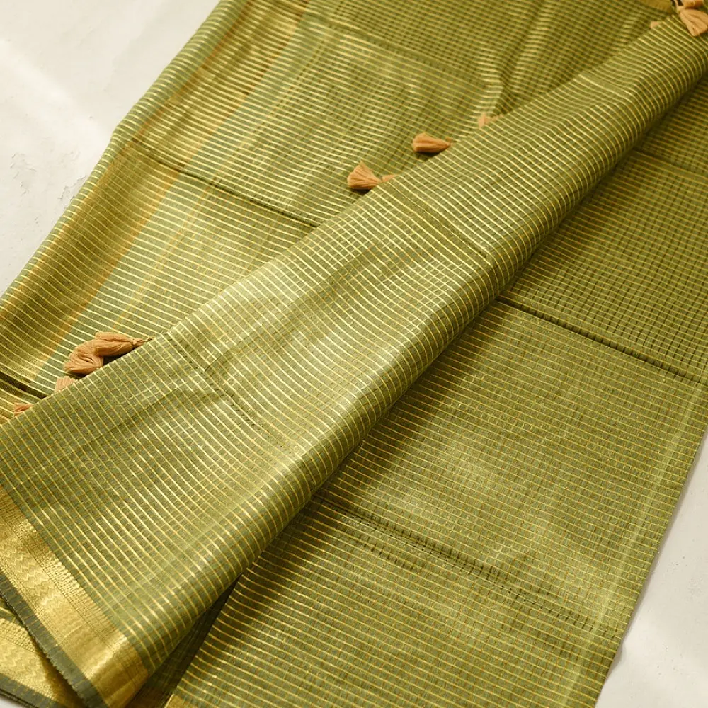 handloom pure cotton saree in subtle olive heena green with woven golden zari striped border and matching handcrafted tassels on pallu