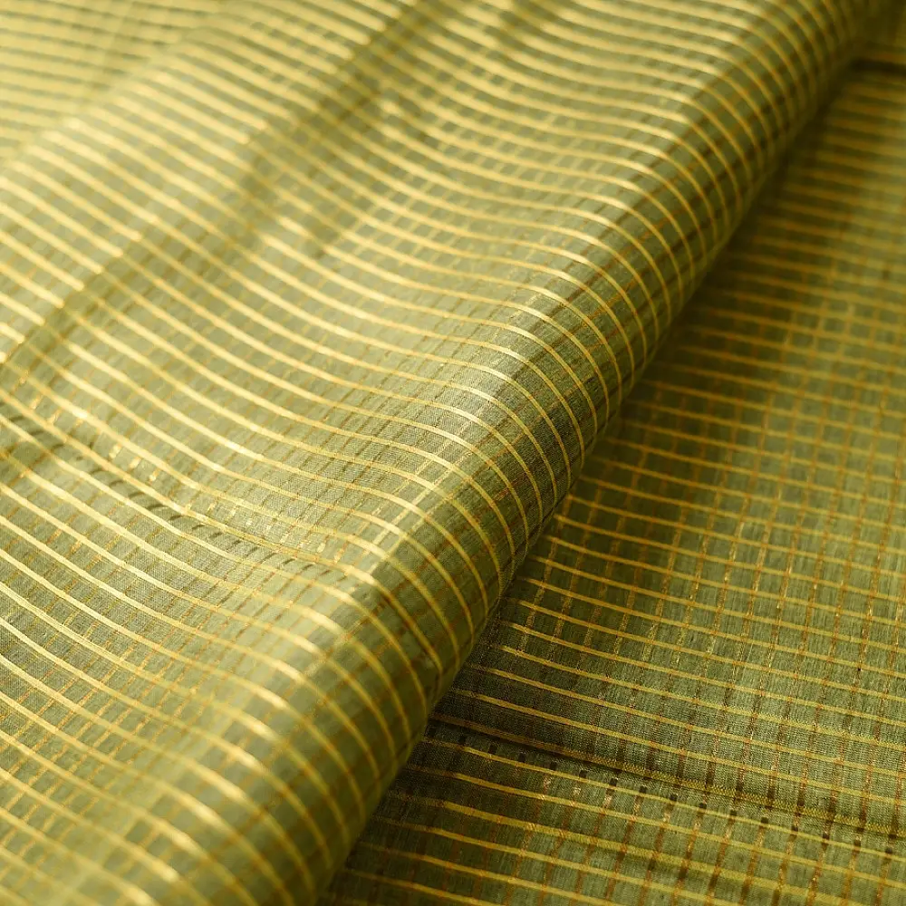 handloom pure cotton saree in subtle olive heena green with woven golden zari striped border and matching handcrafted tassels on pallu