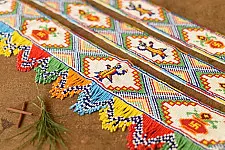 Shubh-Laabh . शुभ लाभ - Glass Bead Door Toran with Side Latkan (Set of Three) - Shrinathji & Kalash Motif