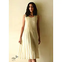 Handloom Cotton Designer Off White Sleeve Less Dress