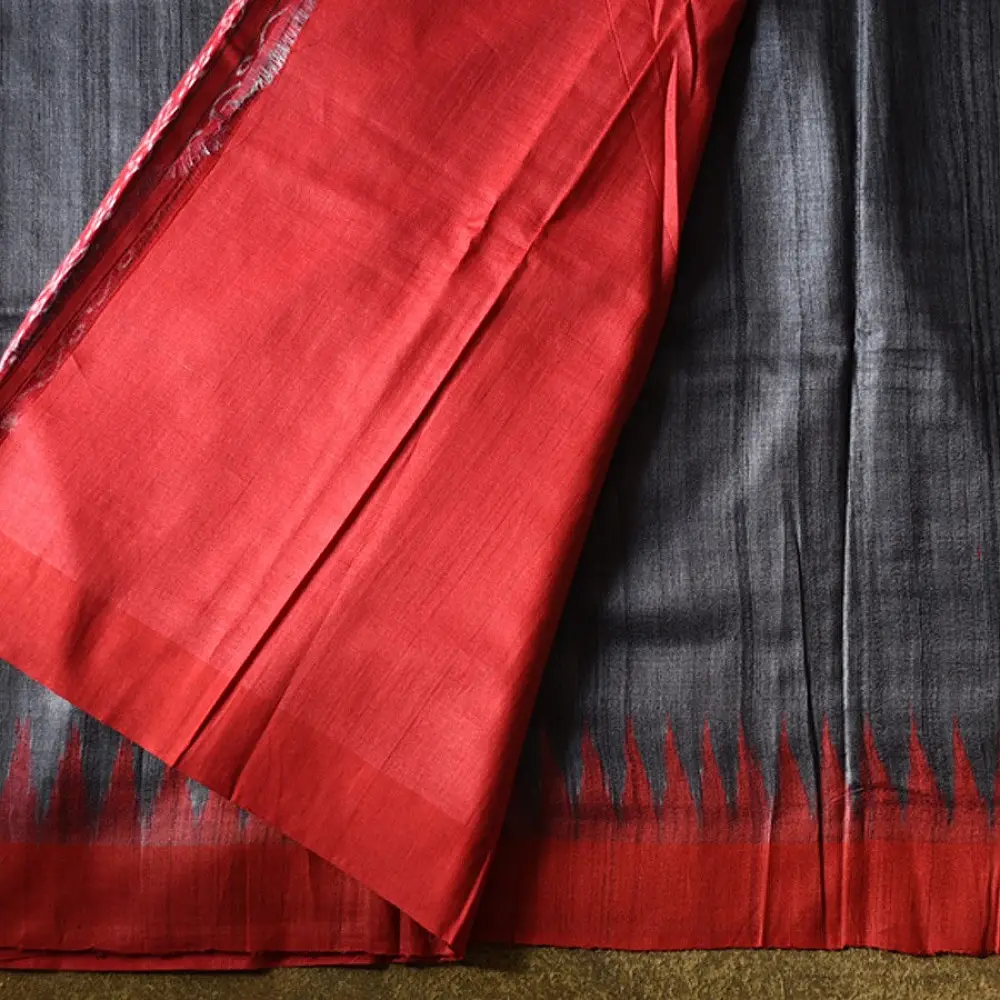 shop Handwoven Pure Tussar Silk Grey Saree With Ikat Pallu