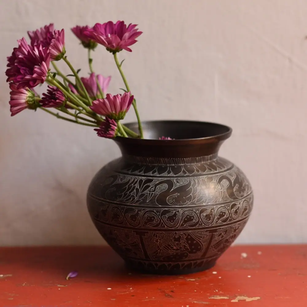handmade antique dark brass lota with engraved peacock and geometric motifs used as a decorative vessel