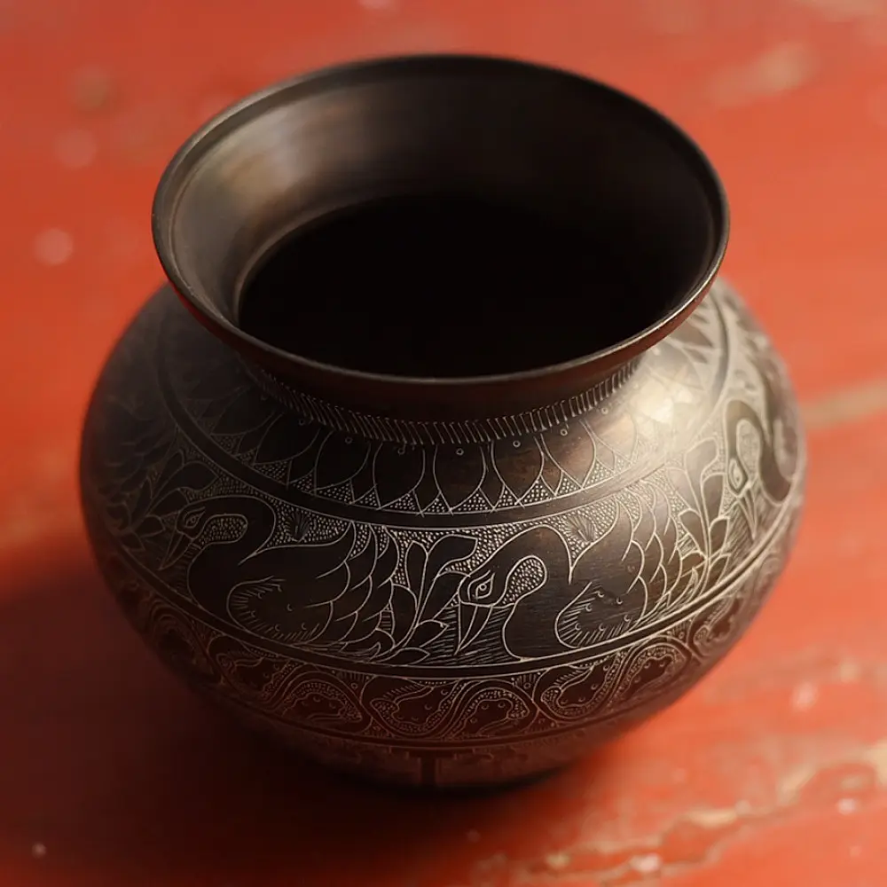 handmade antique dark brass lota with engraved peacock and geometric motifs used as a decorative vessel