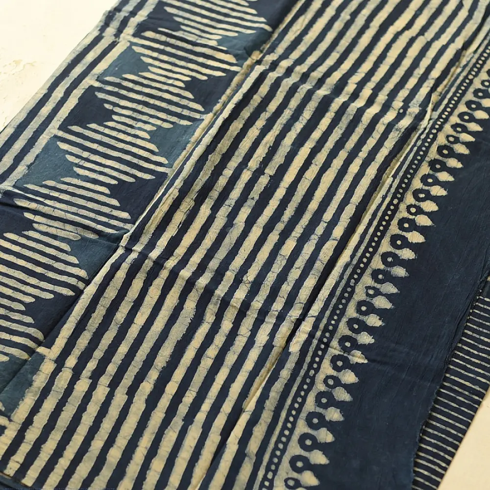Exclusive Block Printed Cotton Dabu ~ Indigo Stripe Saree