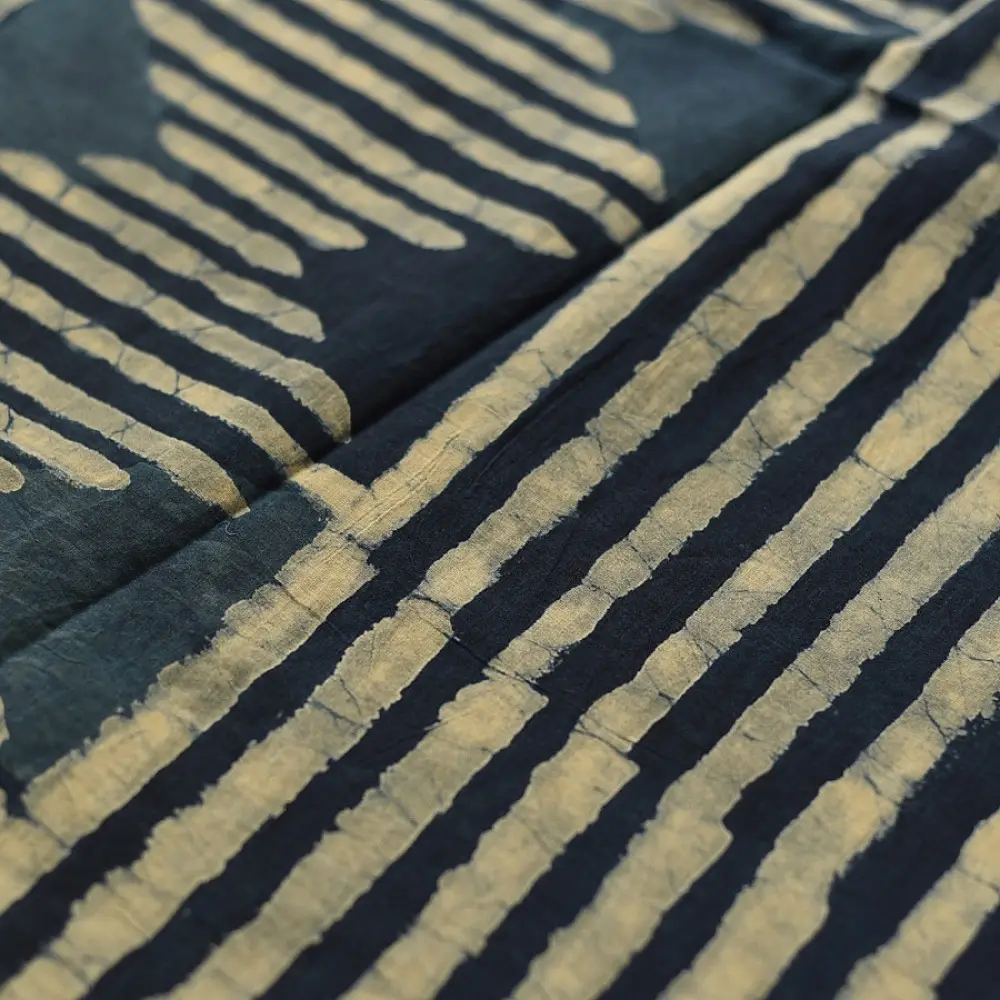 Exclusive Block Printed Cotton Dabu ~ Indigo Stripe Saree