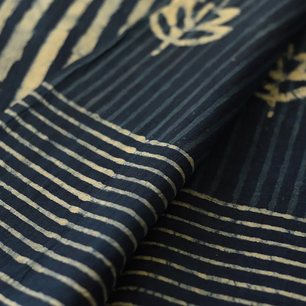 Exclusive Block Printed Cotton Dabu ~ Indigo Stripe Saree