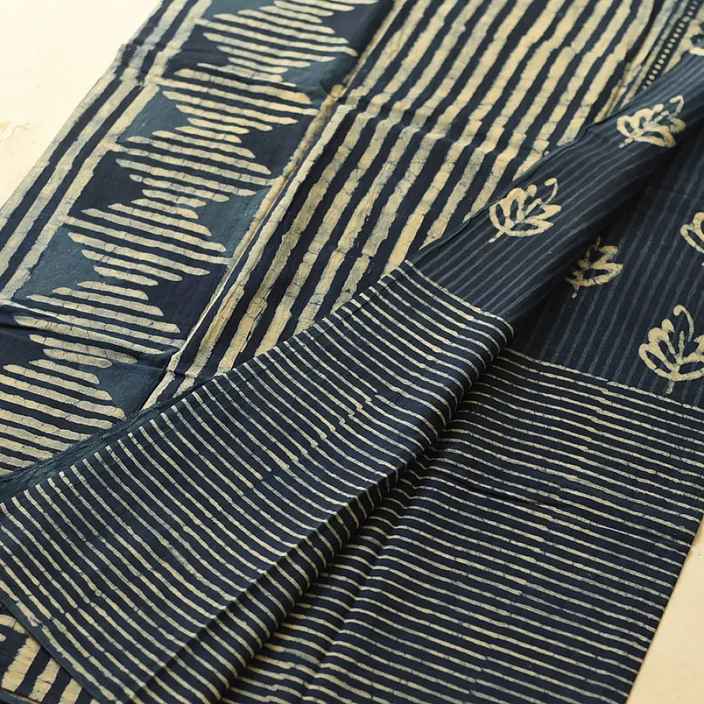 Exclusive Block Printed Cotton Dabu ~ Indigo Stripe Saree