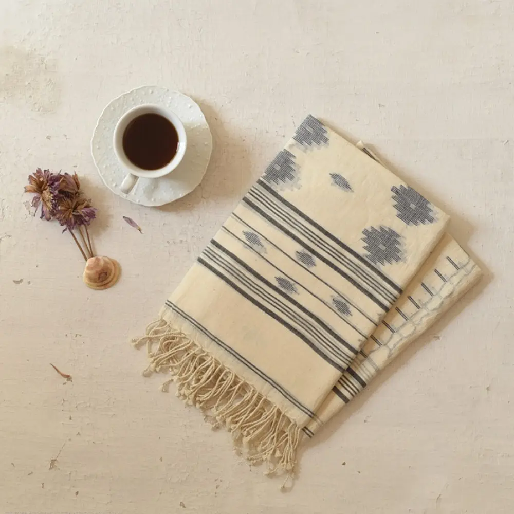 shop Handloom Soft Cotton Jamdani Off White Stole (Two Options)