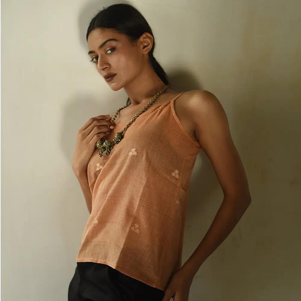 buy Handloom Jamdani Sleeveless Top - Light Brown