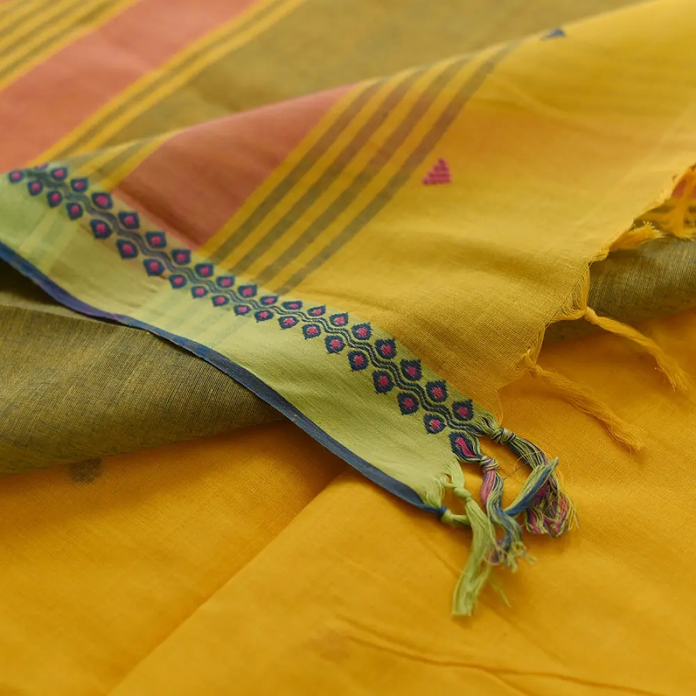 Shop Begampuri Cotton Yellow Saree With Woven Butta & Border