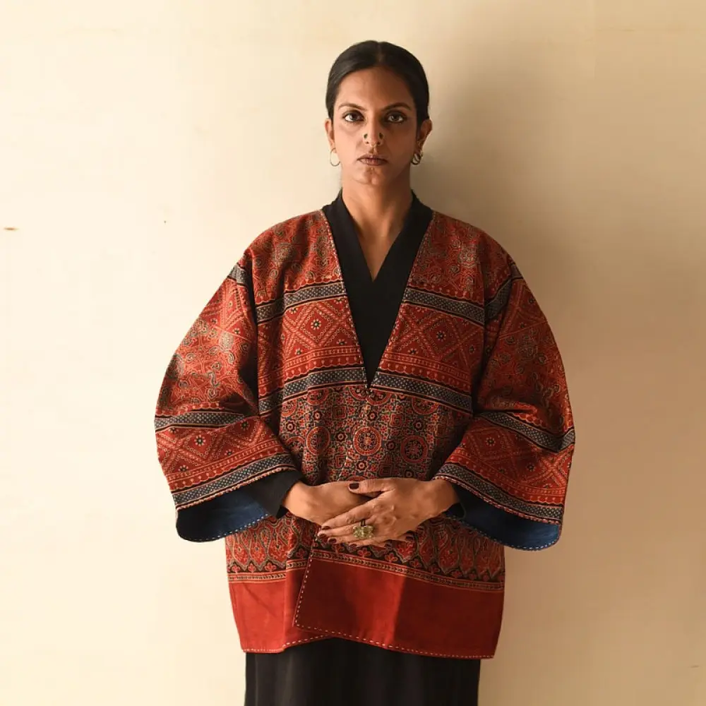 shop Reversible Ajrakh Block Printed & Denim Jacket