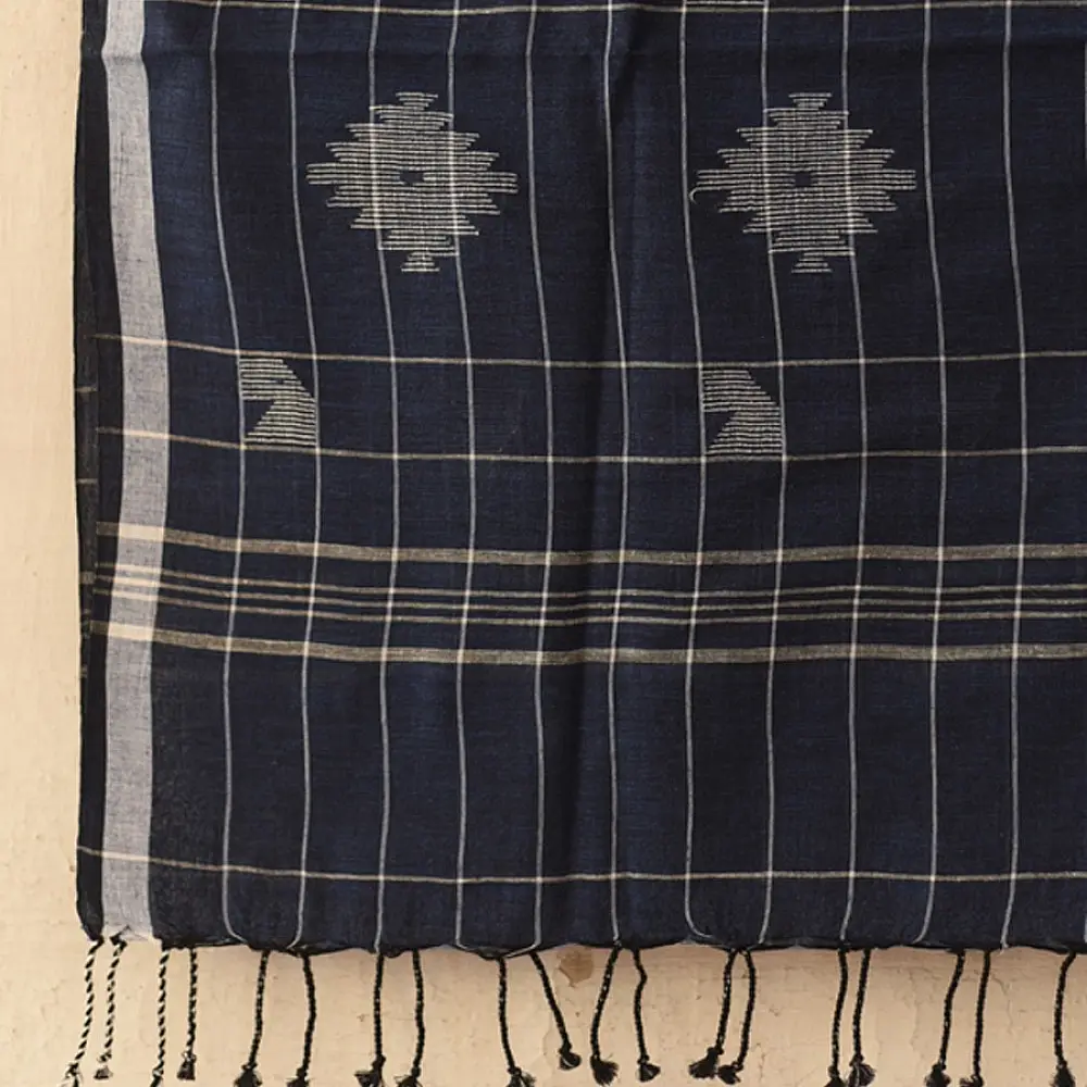 shop Handloom Soft Cotton Jamdani Stole  - Navy Blue