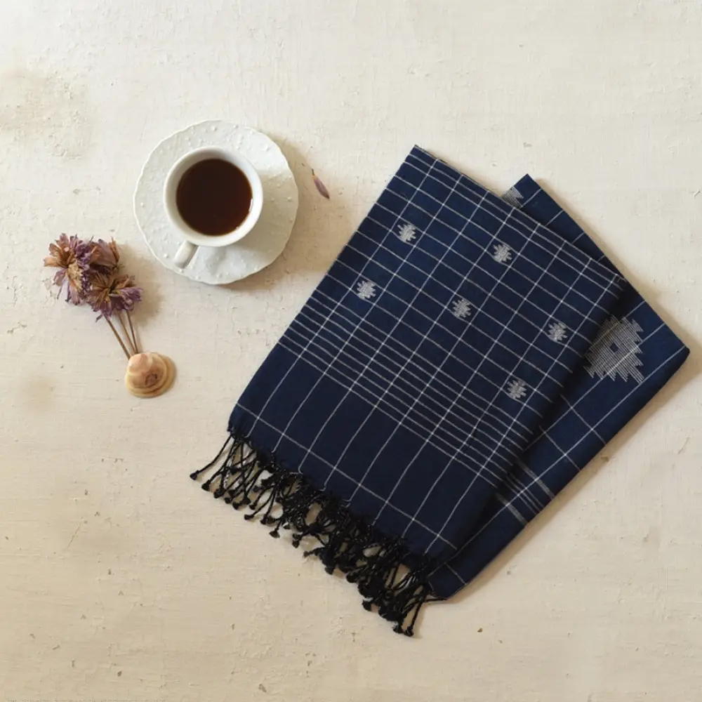 shop Handloom Soft Cotton Jamdani Stole  - Navy Blue