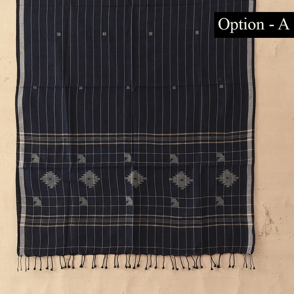 shop Handloom Soft Cotton Jamdani Stole  - Navy Blue