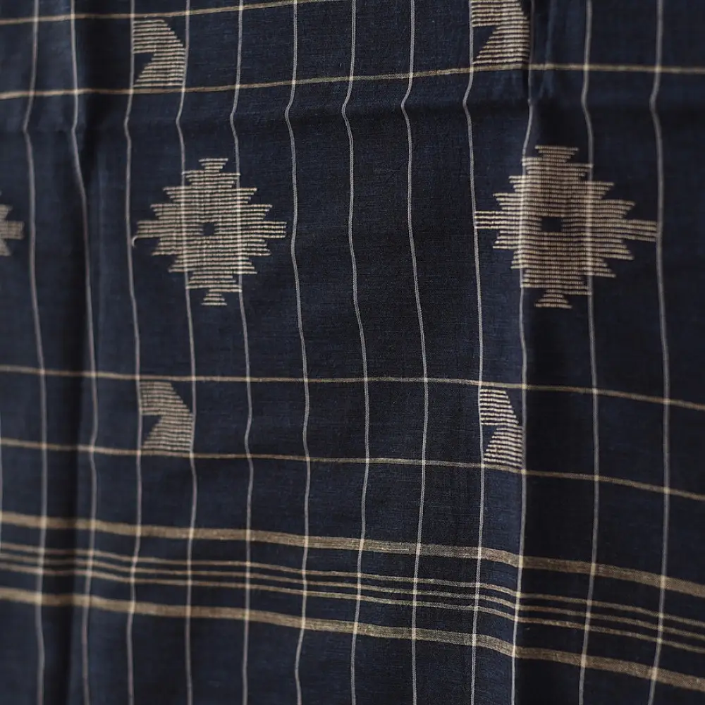 shop Handloom Soft Cotton Jamdani Stole  - Navy Blue