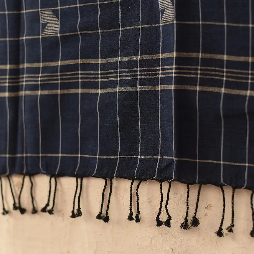 shop Handloom Soft Cotton Jamdani Stole  - Navy Blue