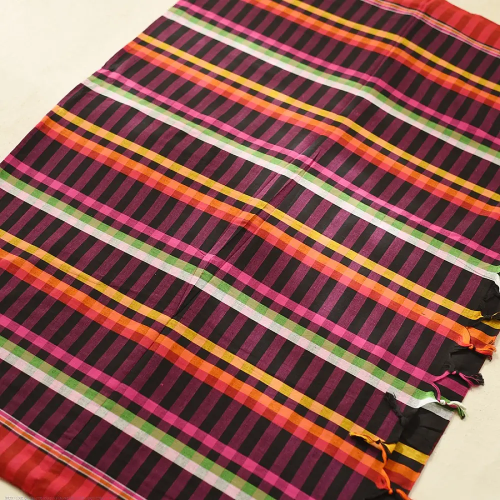  handloom begampuri pure cotton saree in black with vibrant multi-color yellow red green and white plaid check patterns   