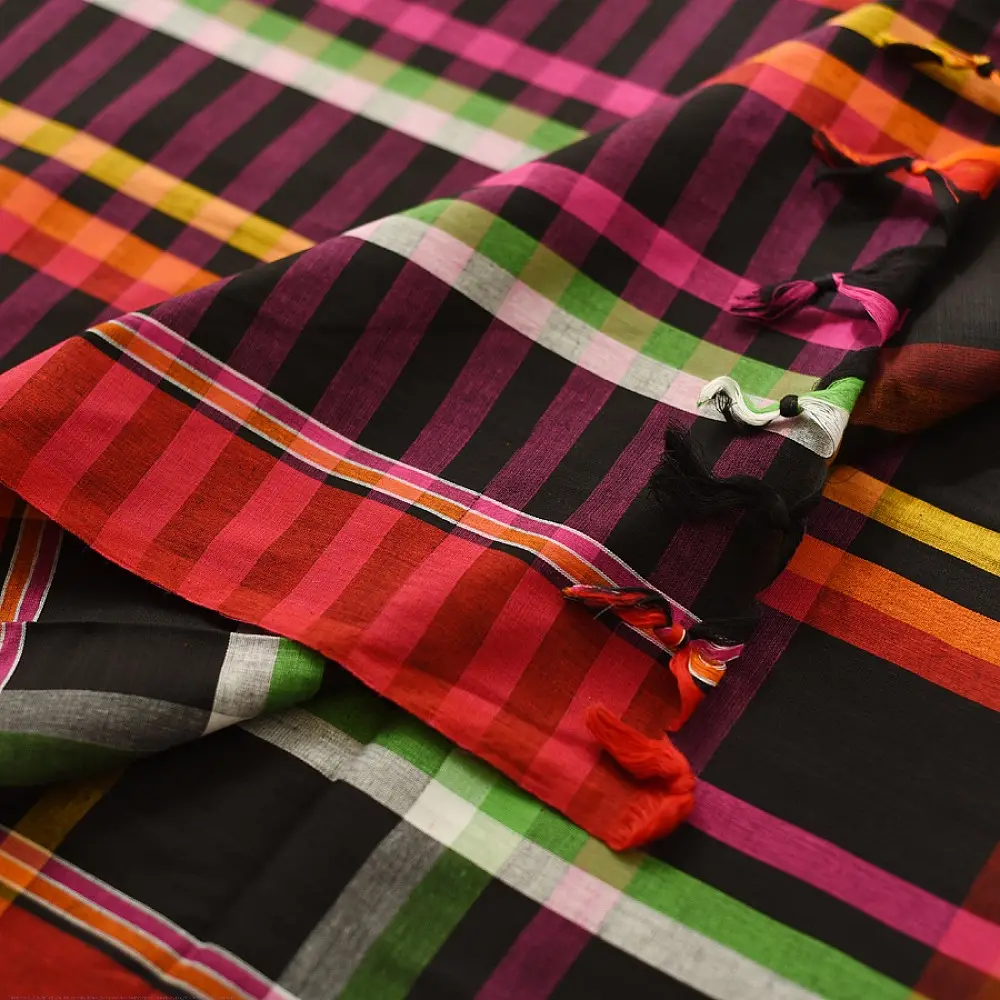  handloom begampuri pure cotton saree in black with vibrant multi-color yellow red green and white plaid check patterns   