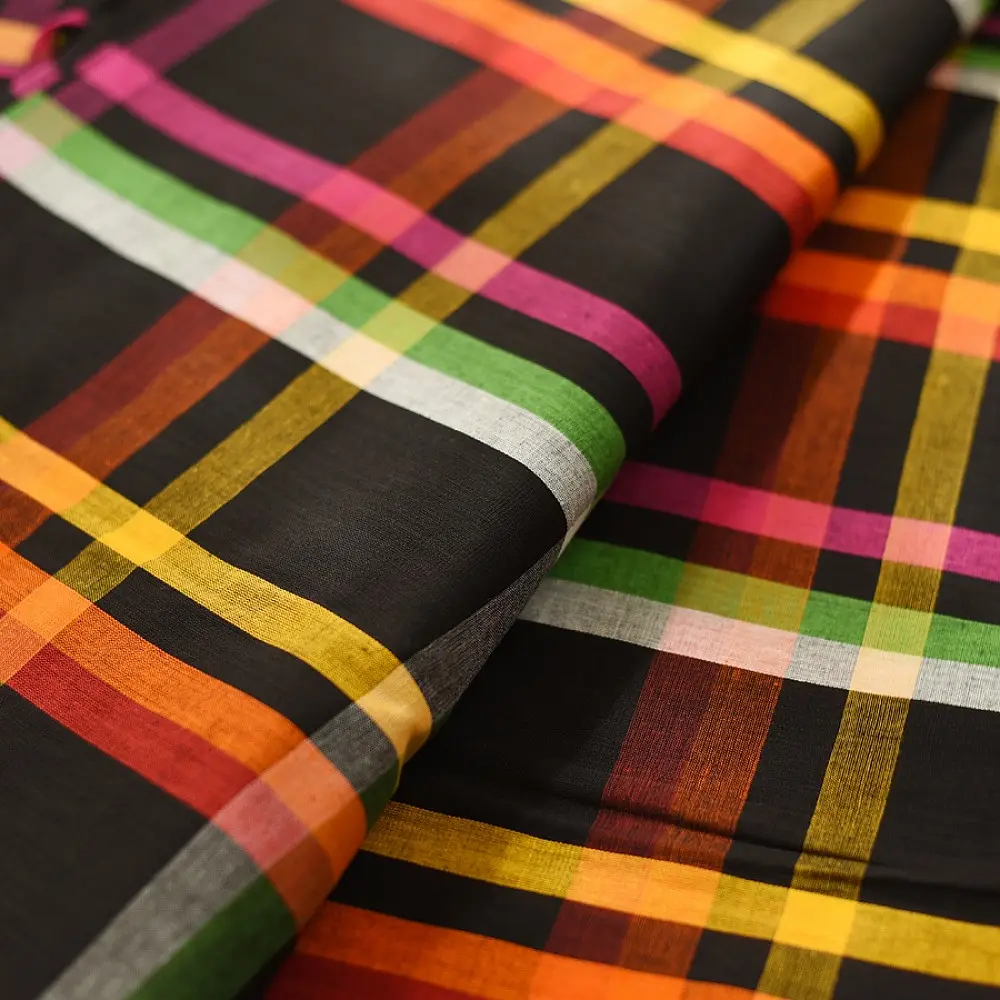  handloom begampuri pure cotton saree in black with vibrant multi-color yellow red green and white plaid check patterns   