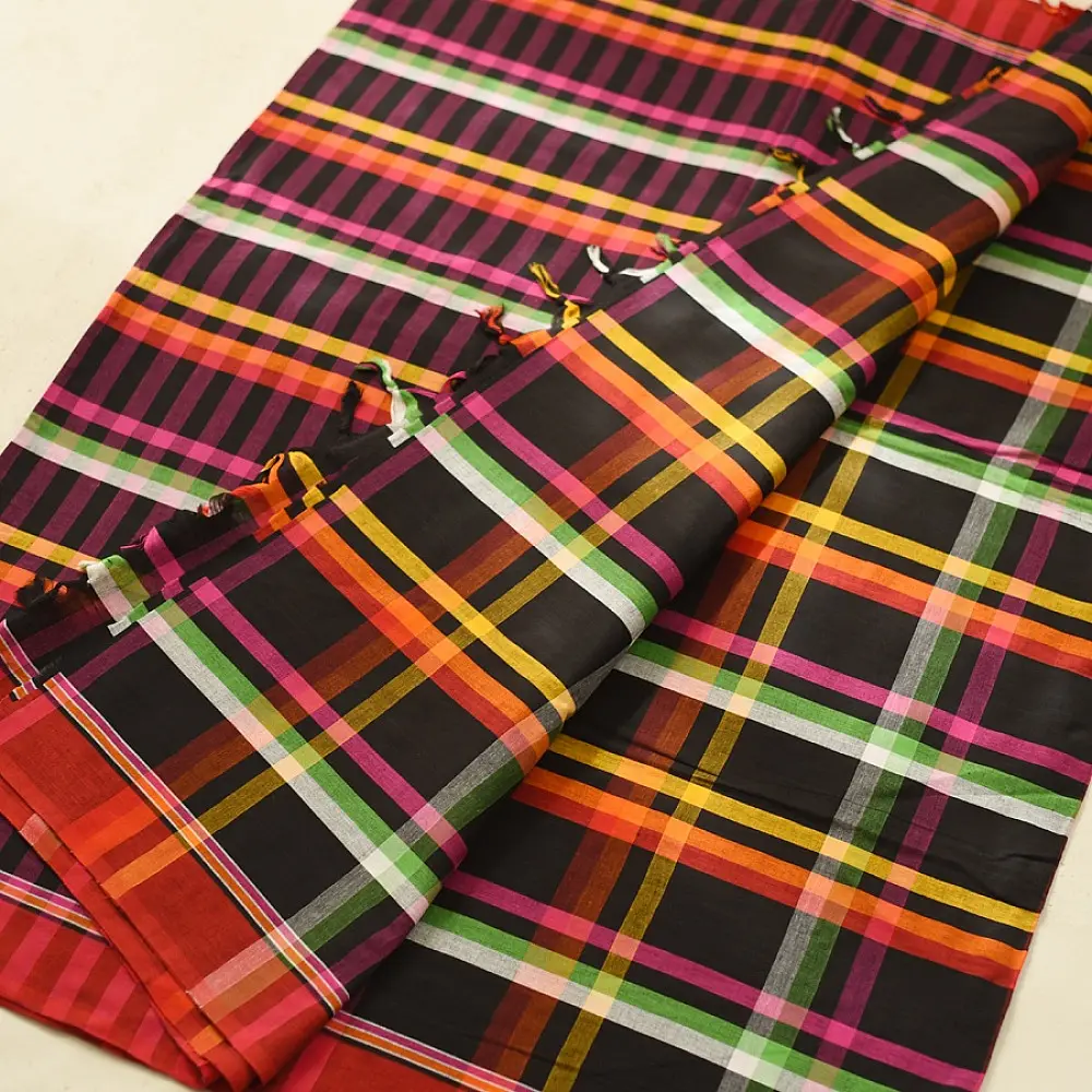  handloom begampuri pure cotton saree in black with vibrant multi-color yellow red green and white plaid check patterns   