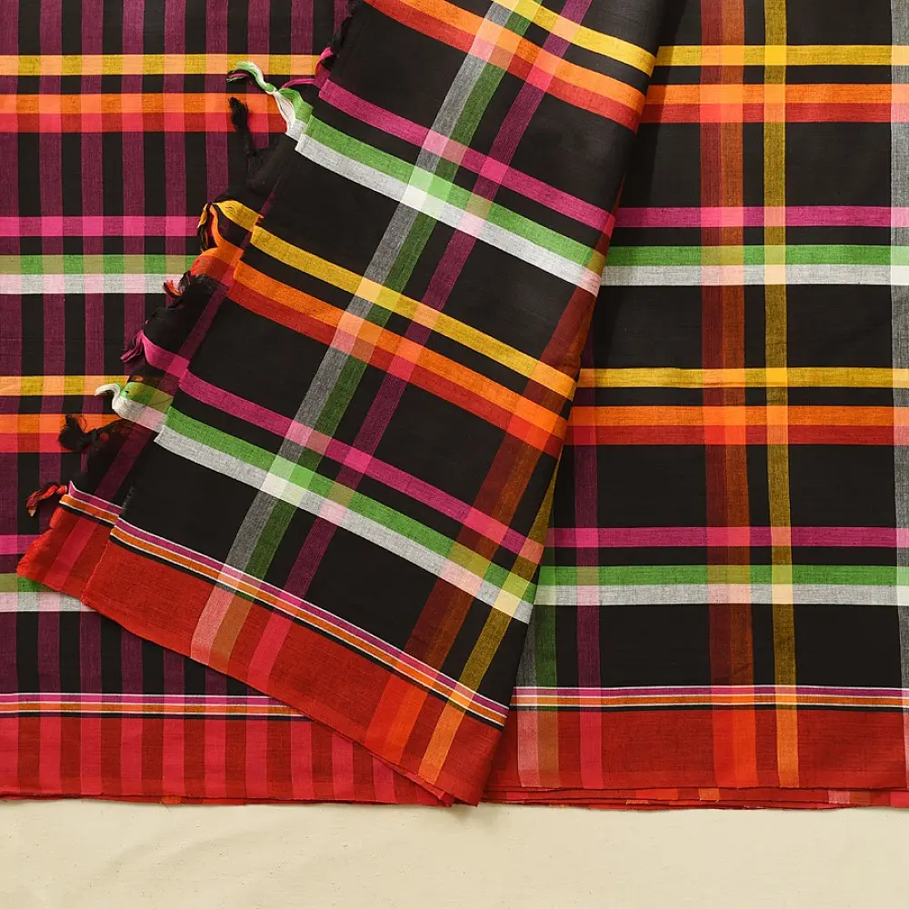  handloom begampuri pure cotton saree in black with vibrant multi-color yellow red green and white plaid check patterns   