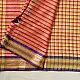 handloom pure cotton saree with vibrant pink orange yellow multicolor stripes contrast purple zari border and handcrafted navy tassels